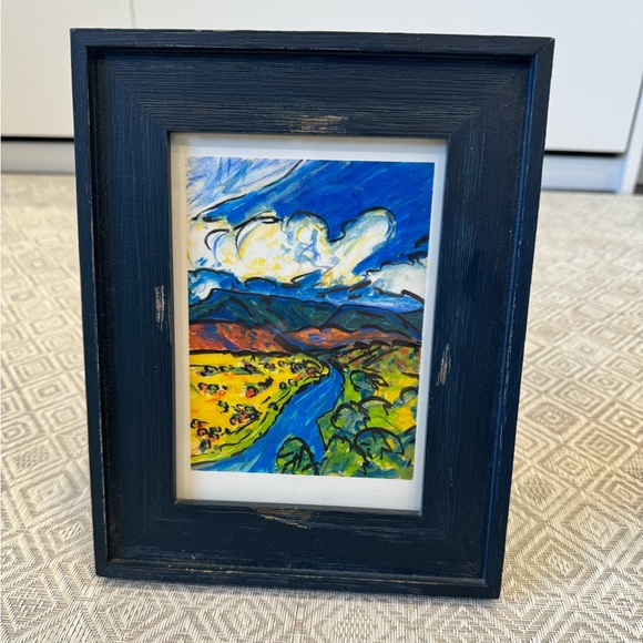 7.5” x 9.5” Distressed blue frame with print of Rio Grande River and mountains - Picture 1 of 4